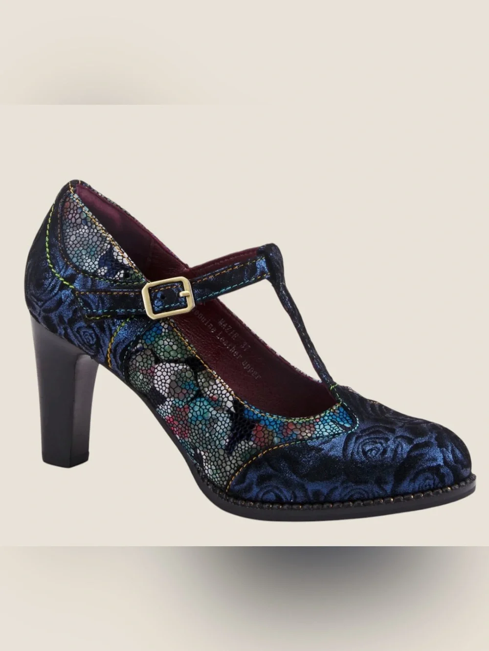 L'Artiste Mazie Navy Leather Floral Mosaic T-Bar Heels